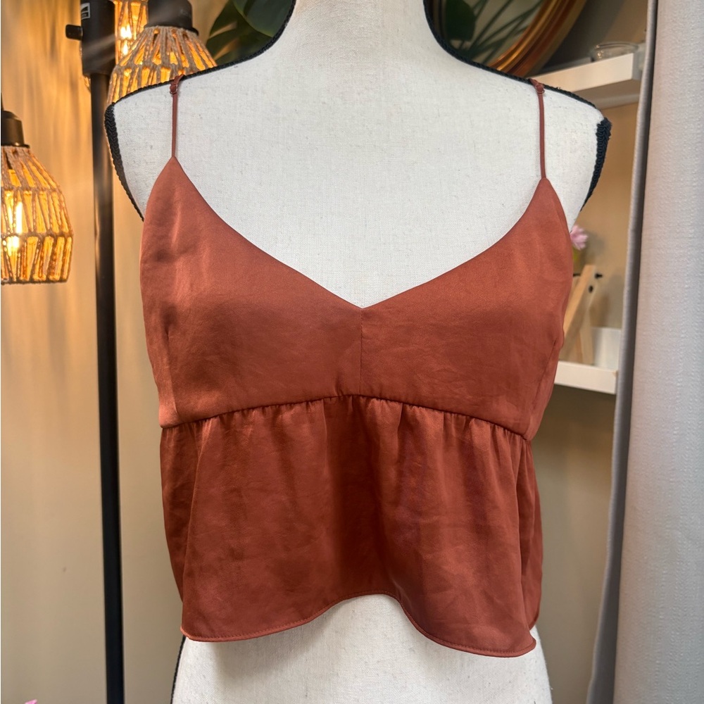 Wilfred Aritzia Rust Orange Satin Flounce Cami Top with Adjustable Straps - Picture 3 of 8